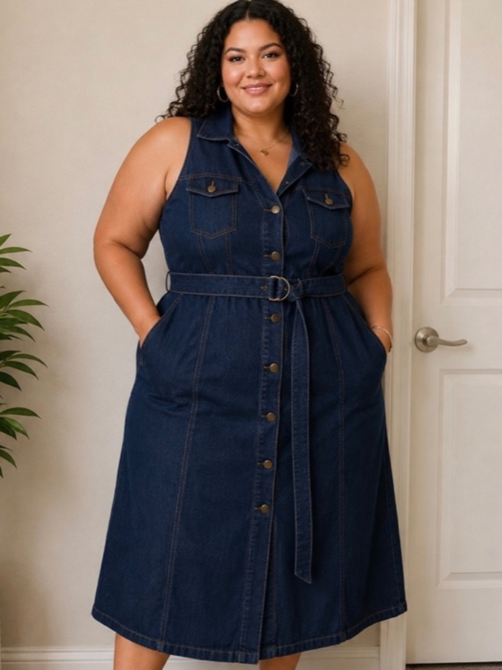 Starwear Jeans Vintage Y2K Dark Wash Denim Sleeveless Midi Dress Belted Size 1X
